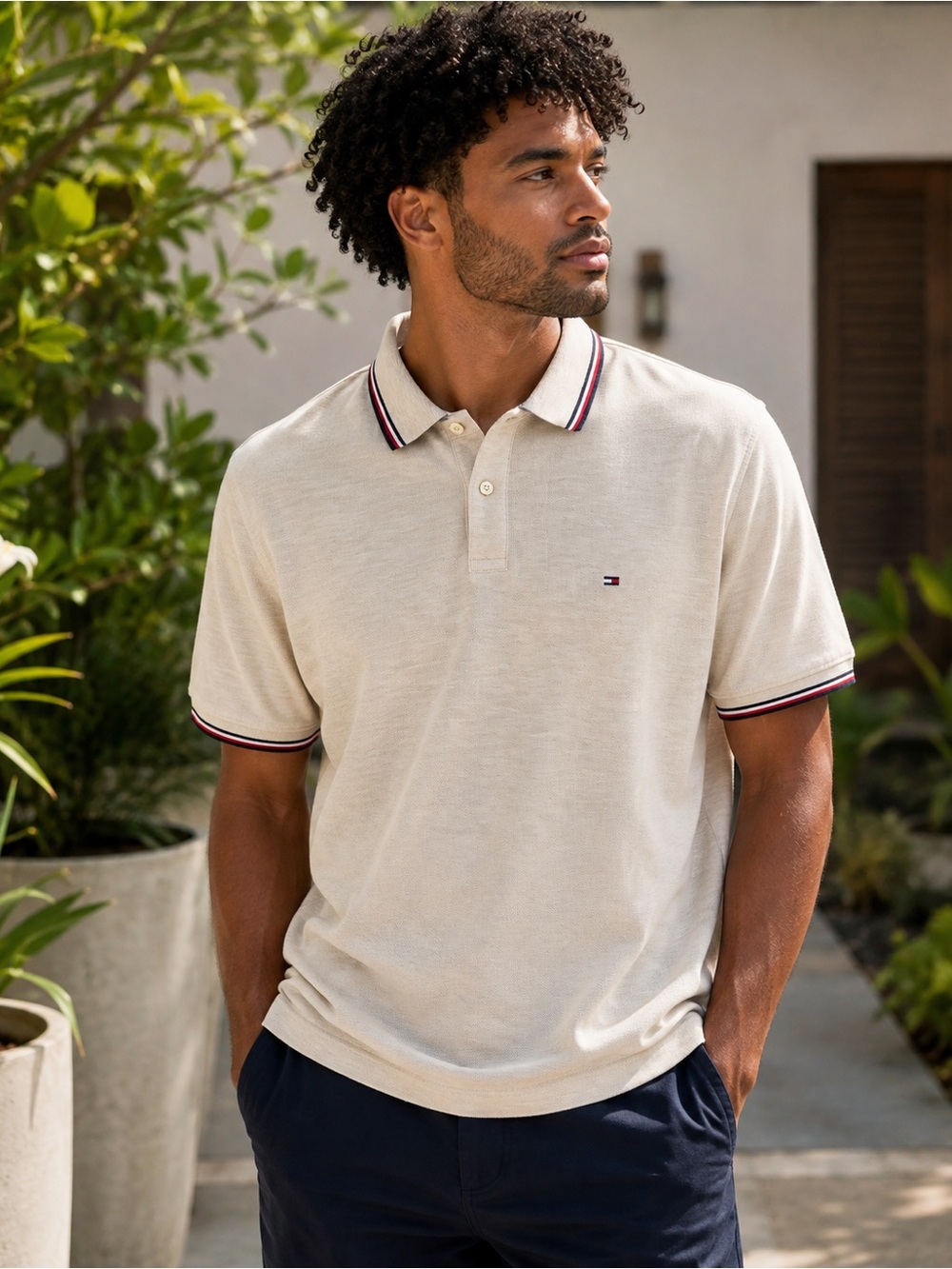Tommy Hilfiger Men’s Wicking Cream Polo  Beige Cream Stripe Collar Men’s Lg